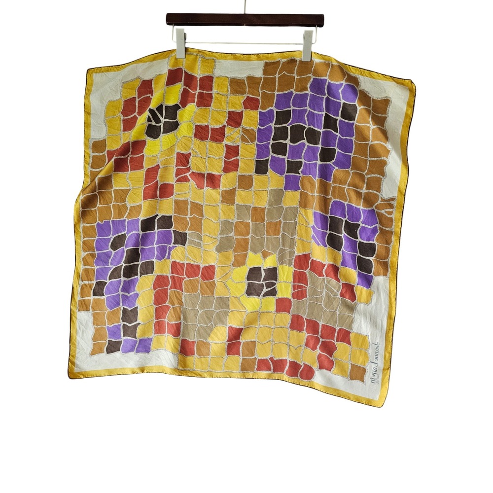 Jeanne Lanvin Paris Vintage Silk Scarf Geometric Mosaic Yellow Purple Square